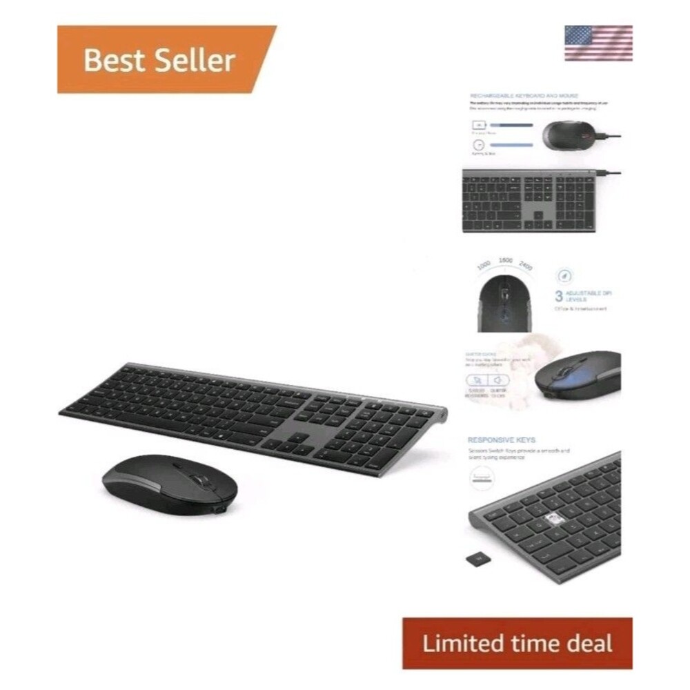 Vssoplor Ultra Slim Wireless Keyboard & Mouse Set Rechargeable Quiet Gray VK15-3